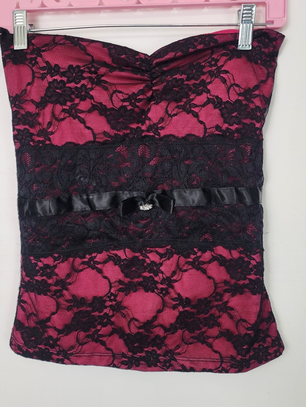 Belinda Design Strapless Lace Overlay Bustier Top Hot Pink Black Sz Large Corset